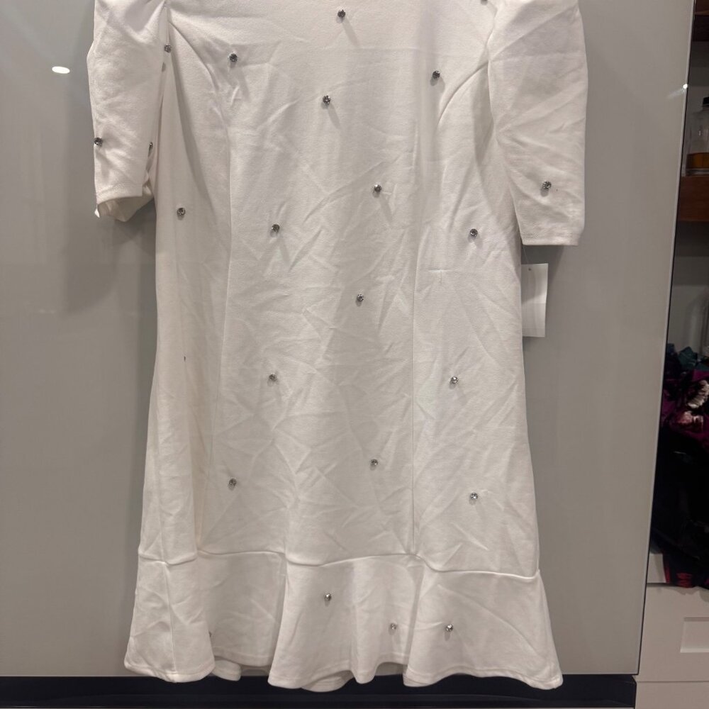 Crystal Doll XL White Puff Sleeve Dress With Rhinestone Accents & Ruffle Hem